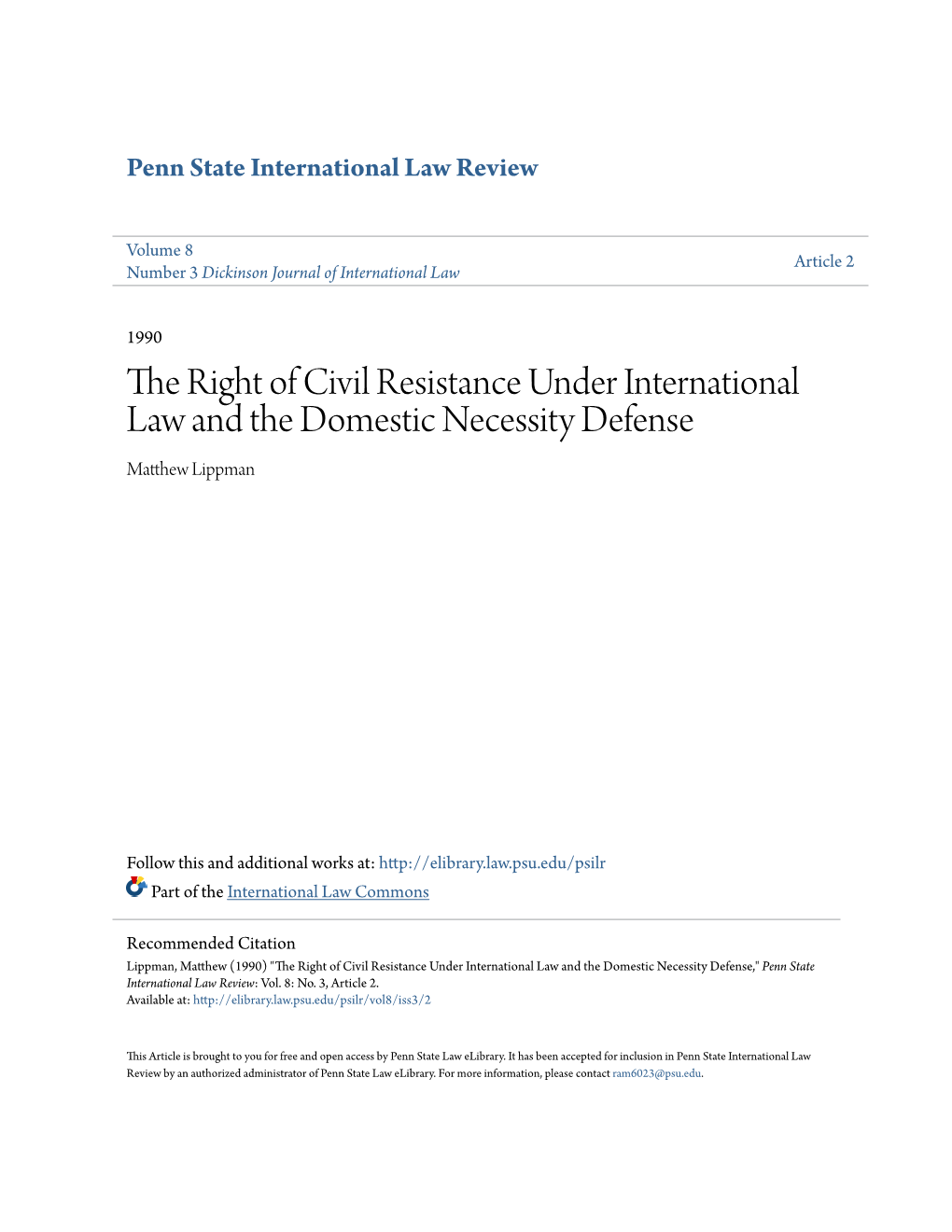 The Right of Civil Resistance Under International Law and the Domestic Necessity Defense Matthew Lippman