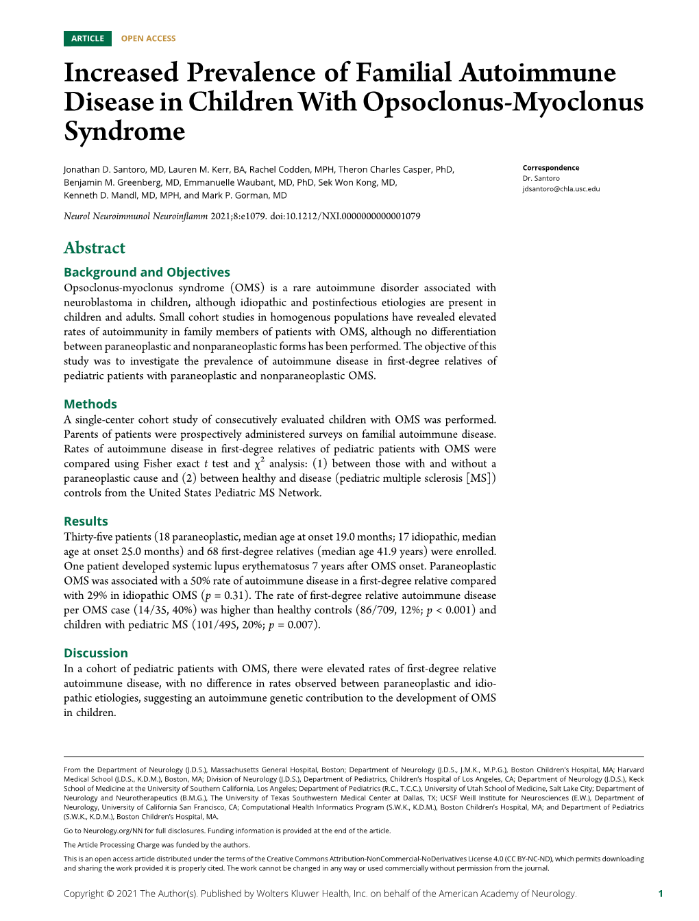 Increased Prevalence of Familial Autoimmune Disease in Children with Opsoclonus-Myoclonus Syndrome