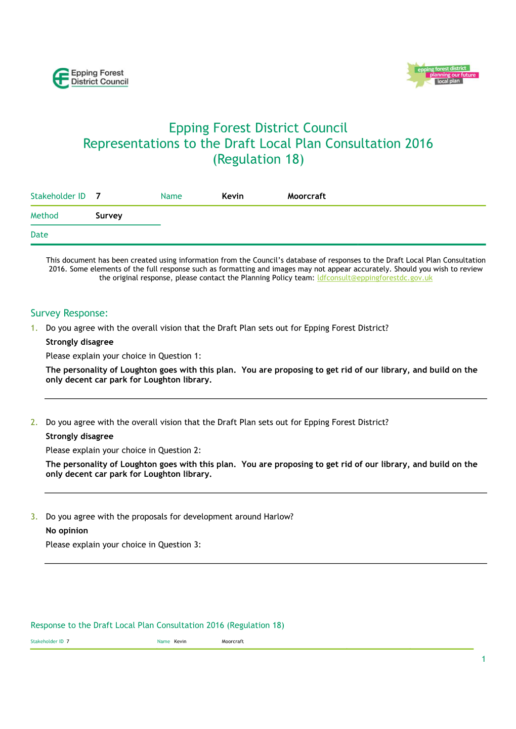 Epping Forest District Council Representations to the Draft Local Plan Consultation 2016 (Regulation 18)