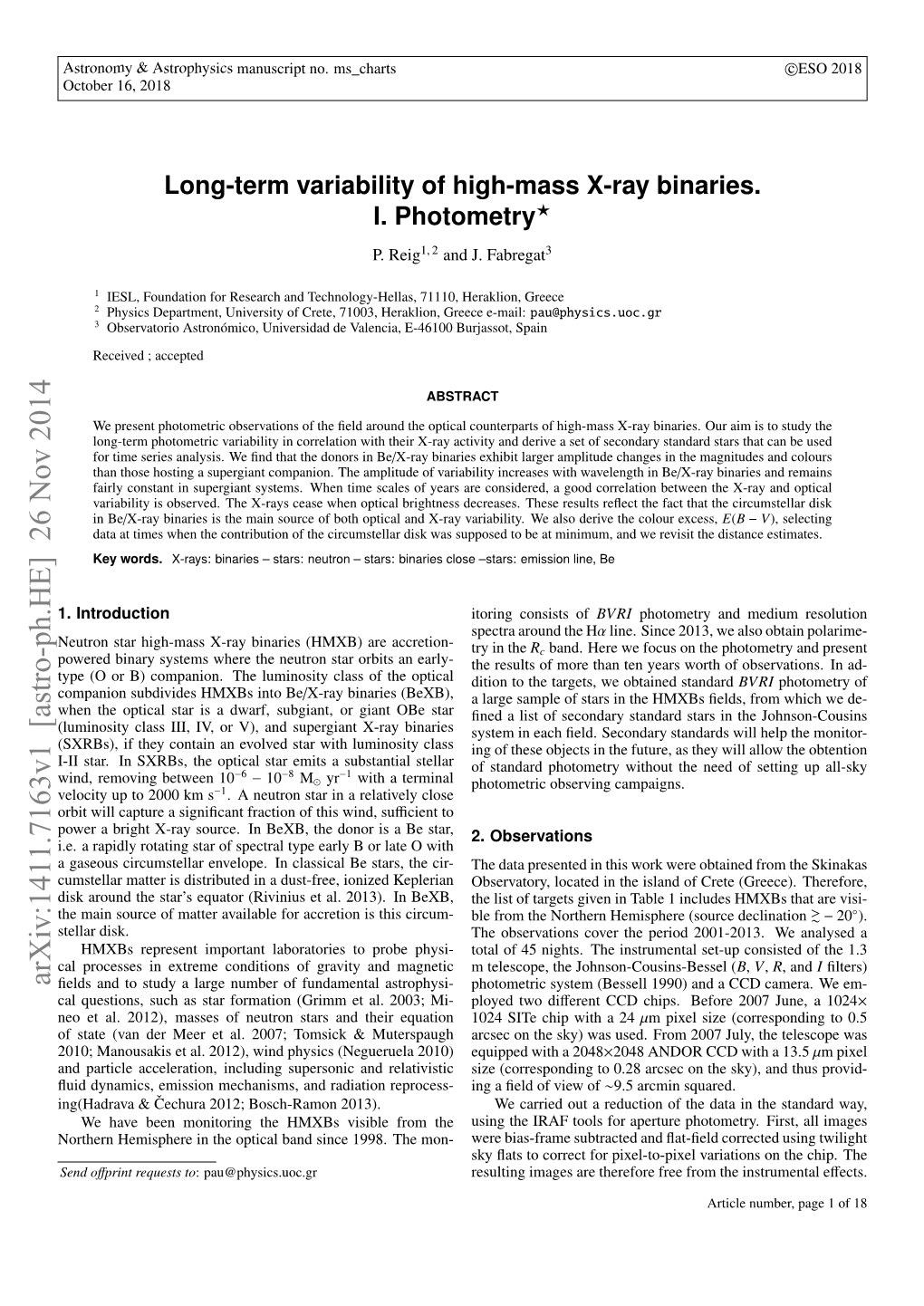 Long-Term Variability of High-Mass X-Ray Binaries. I. Photometry? P