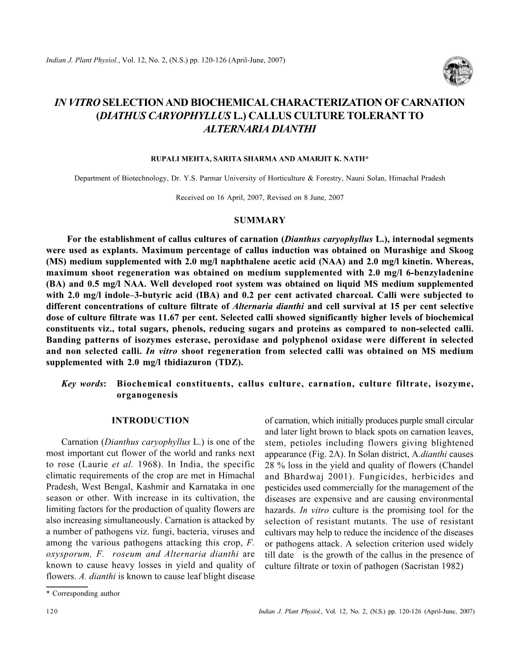 In Vitro Selection and Biochemical Characterization of Carnation (Diathus Caryophyllus L.) Callus Culture Tolerant to Alternaria Dianthi