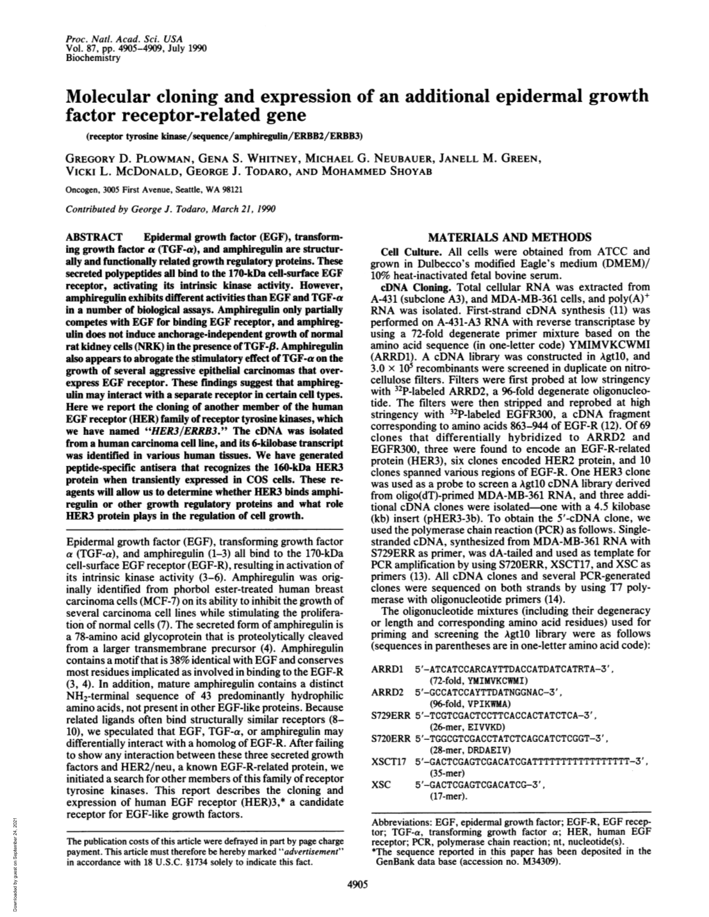 Factor Receptor-Related Gene (Receptor Tyrosine Kinase/Sequence/Amphiregulin/ERBB2/ERBB3) GREGORY D