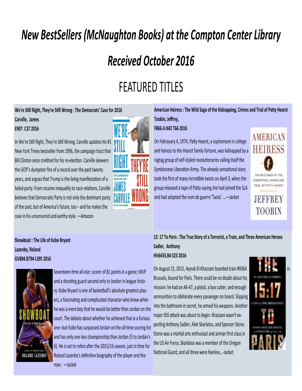 New Bestsellers (Mcnaughton Books) at the Compton Center Library Received October 2016 FEATURED TITLES