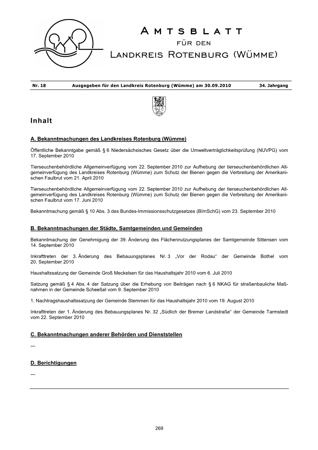 Amtsblatt Für Den Landkreis Rotenburg (Wümme)