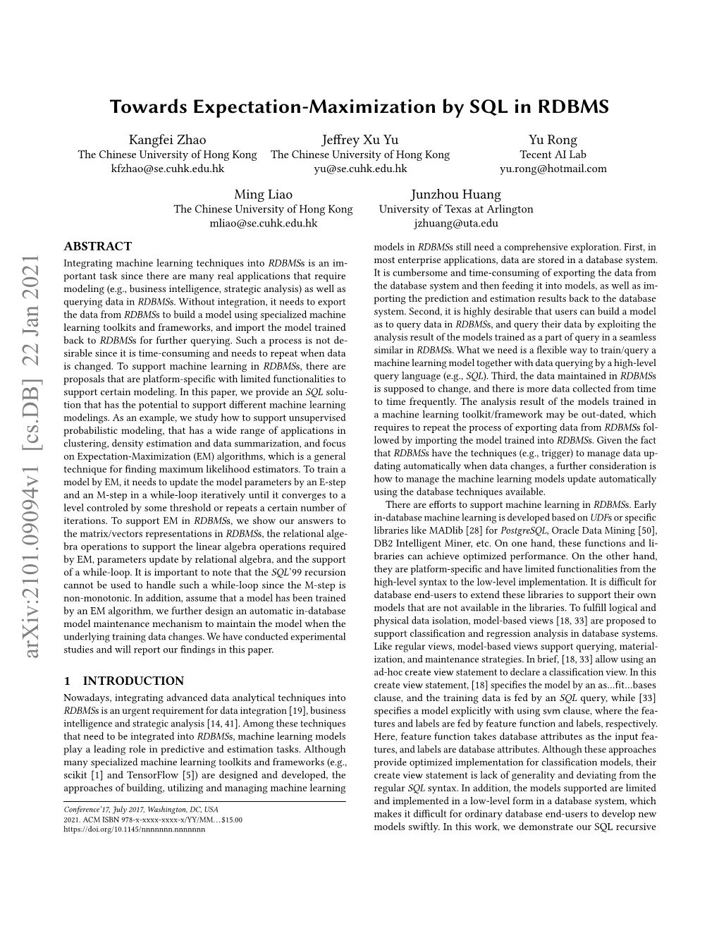 Towards Expectation-Maximization by SQL in RDBMS