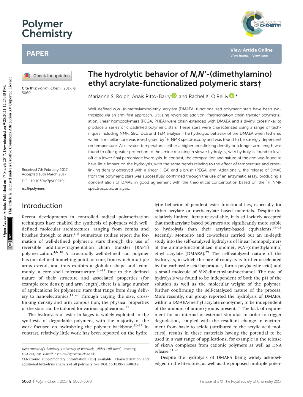 The Hydrolytic Behavior of N, N′-(Dimethylamino) Ethyl Acrylate-Functionalized Polymeric Stars