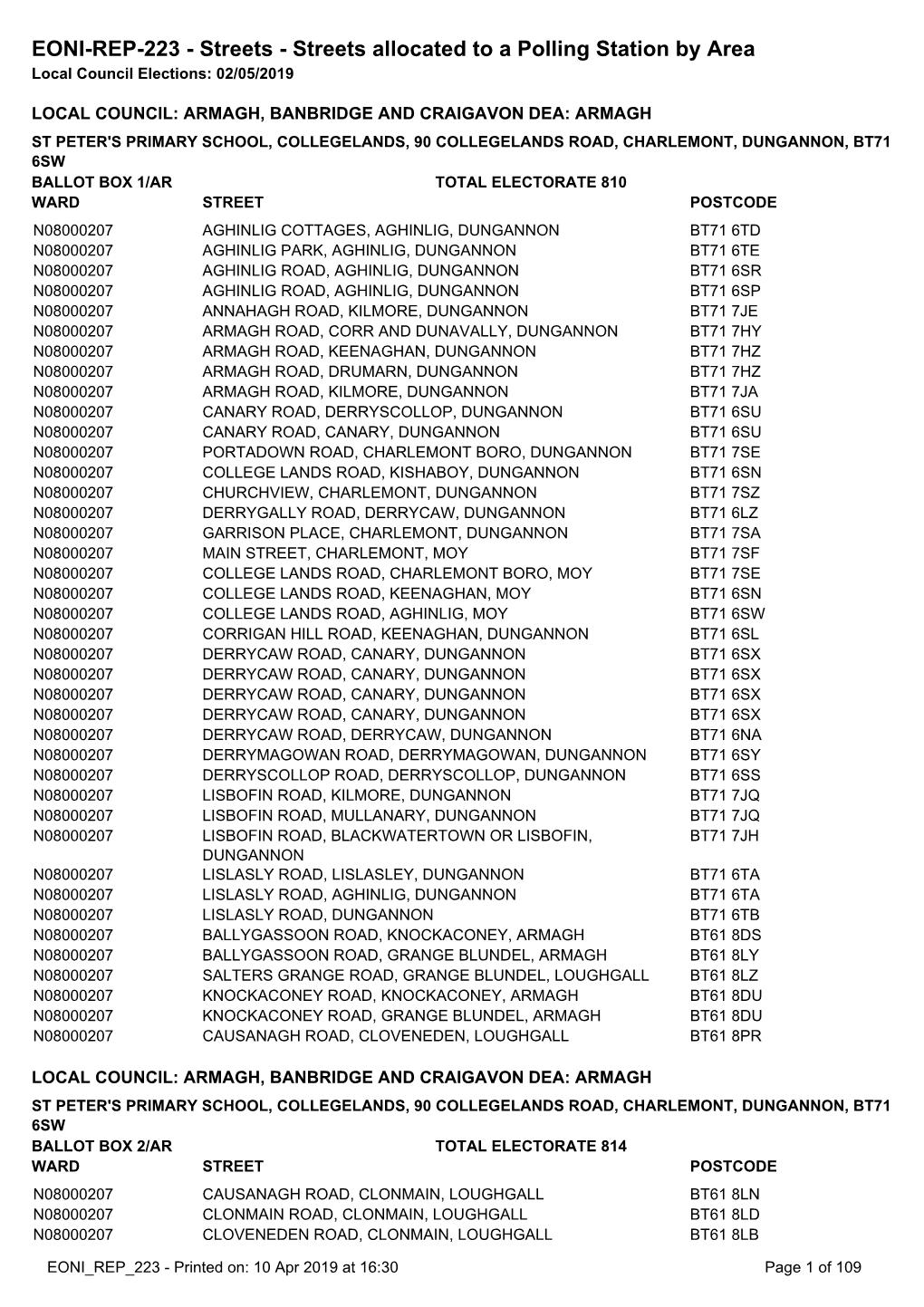 EONI-REP-223 - Streets - Streets Allocated to a Polling Station by Area Local Council Elections: 02/05/2019