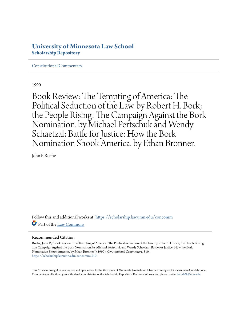 The Political Seduction of the Law. by Robert H. Bork; the People Rising: the Ac Mpaign Against the Bork Nomination