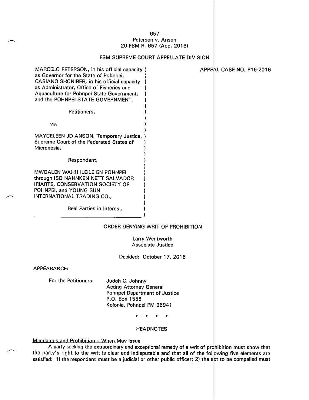 Peterson V. Anson As Governor for the State of Pohnpei, ) As Administrator