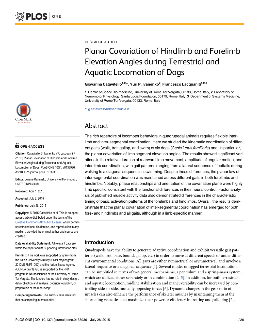 Planar Covariation of Hindlimb and Forelimb Elevation Angles During Terrestrial and Aquatic Locomotion of Dogs