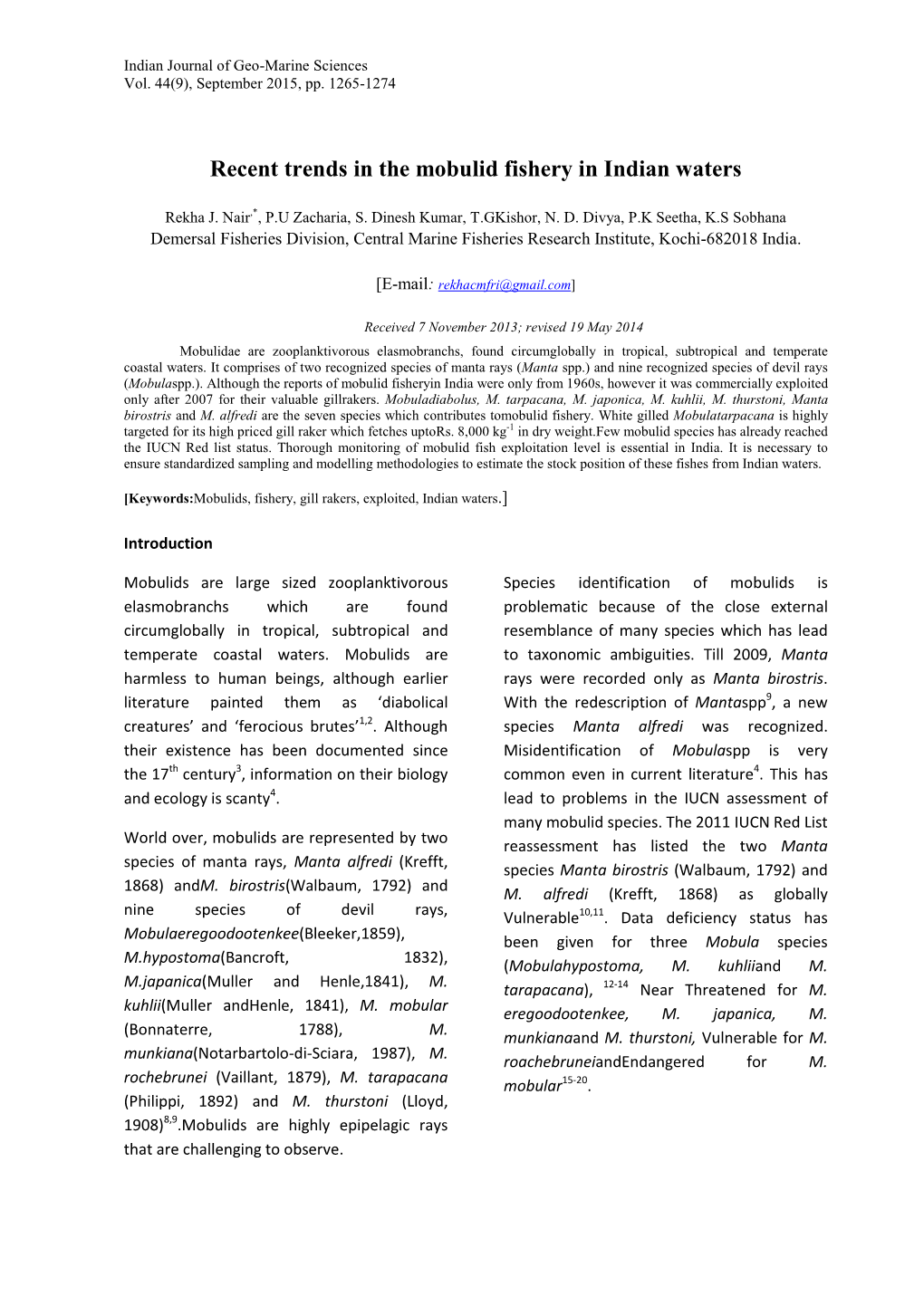 Recent Trends in the Mobulid Fishery in Indian Waters