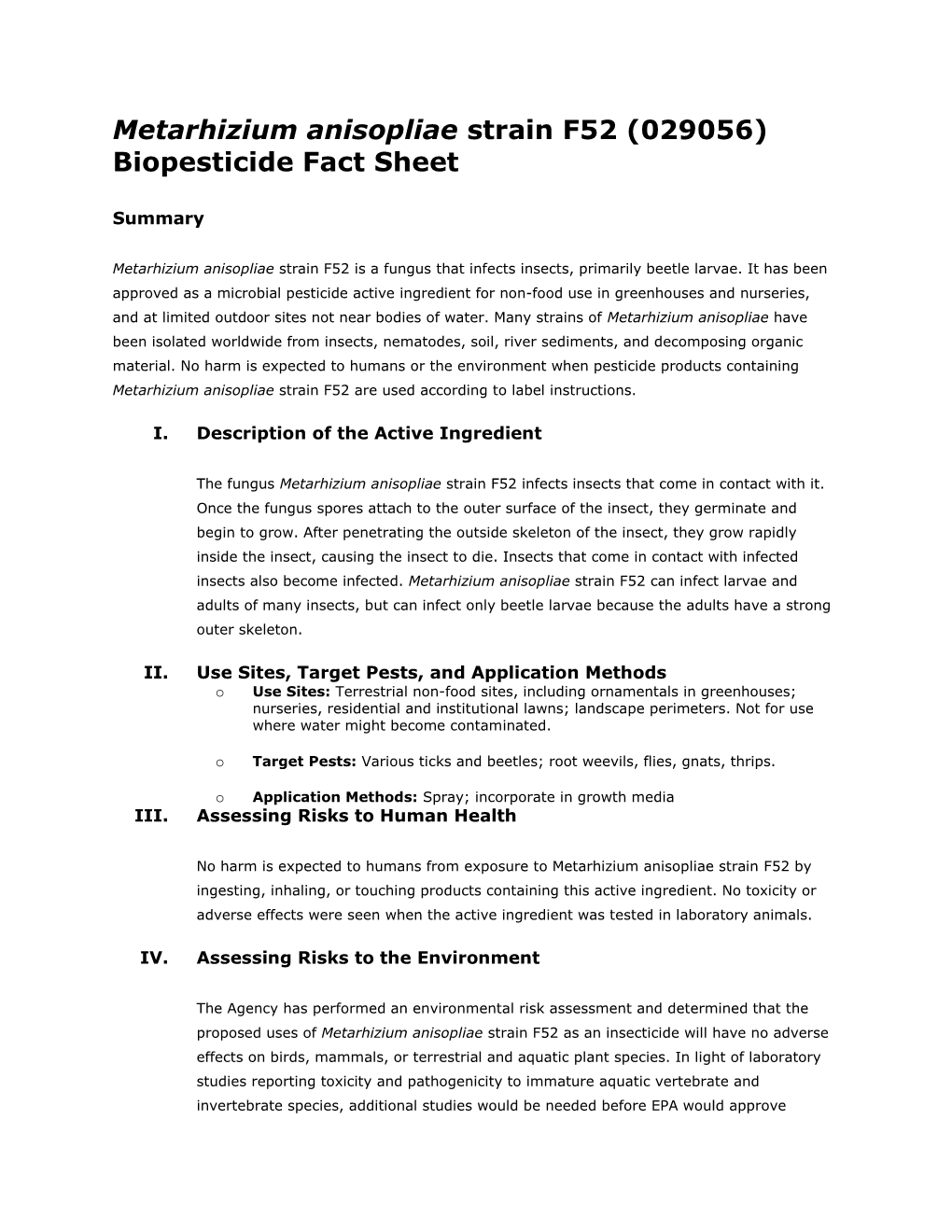 Metarhizium Anisopliae Strain F52 (029056) Biopesticide Fact Sheet