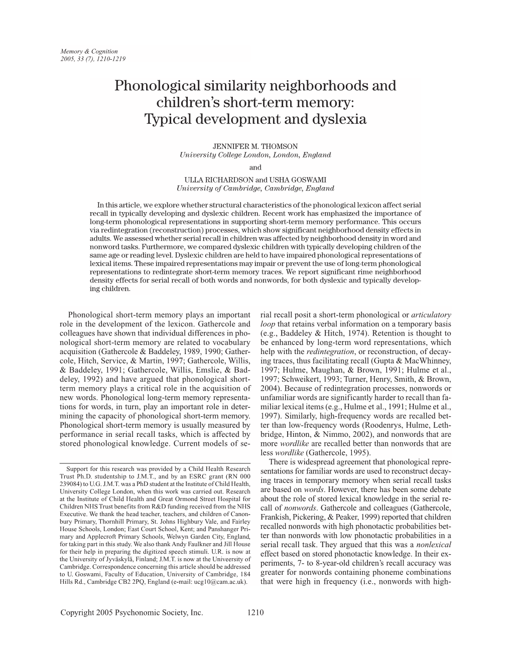 S Short-Term Memory: Typical Development and Dyslexia