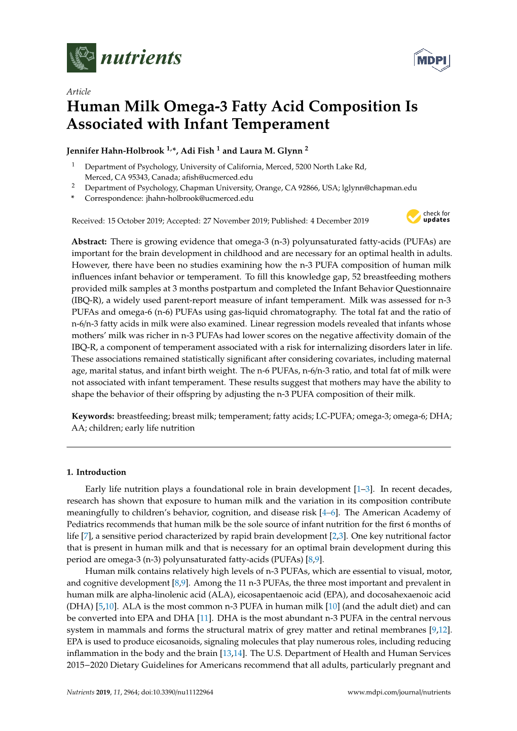 Human Milk Omega-3 Fatty Acid Composition Is Associated with Infant Temperament