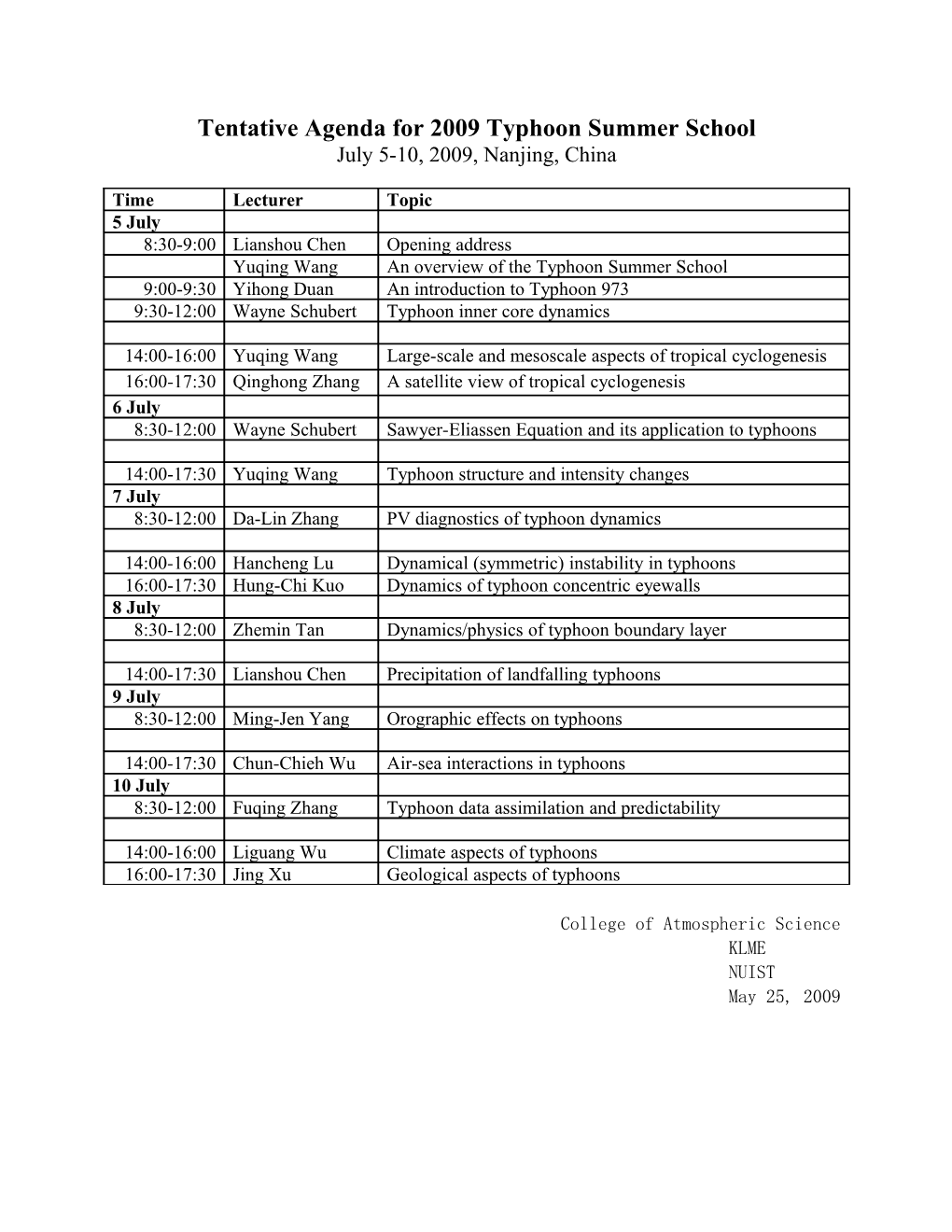 Tentative Agenda for 2009 Typhoon Summer School