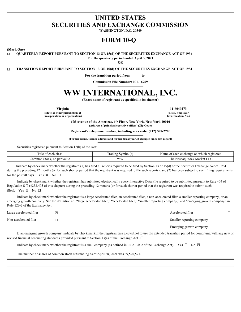 WW INTERNATIONAL, INC. (Exact Name of Registrant As Specified in Its Charter)