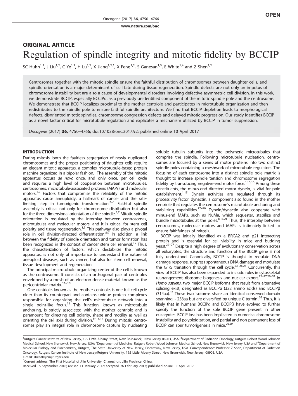 Regulation of Spindle Integrity and Mitotic Fidelity by BCCIP