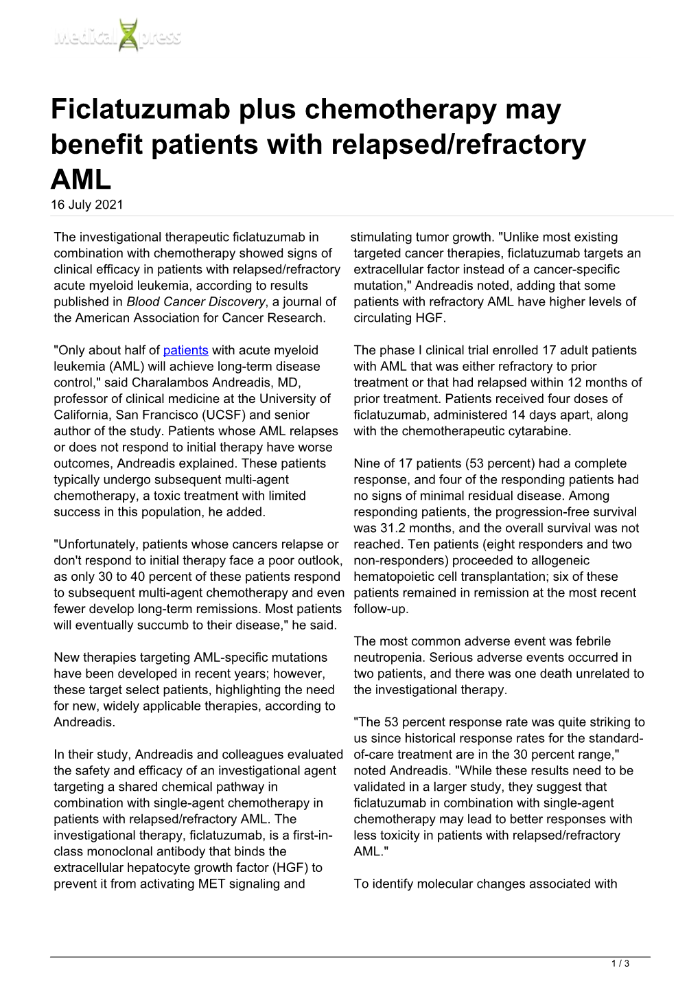 Ficlatuzumab Plus Chemotherapy May Benefit Patients with Relapsed/Refractory AML 16 July 2021
