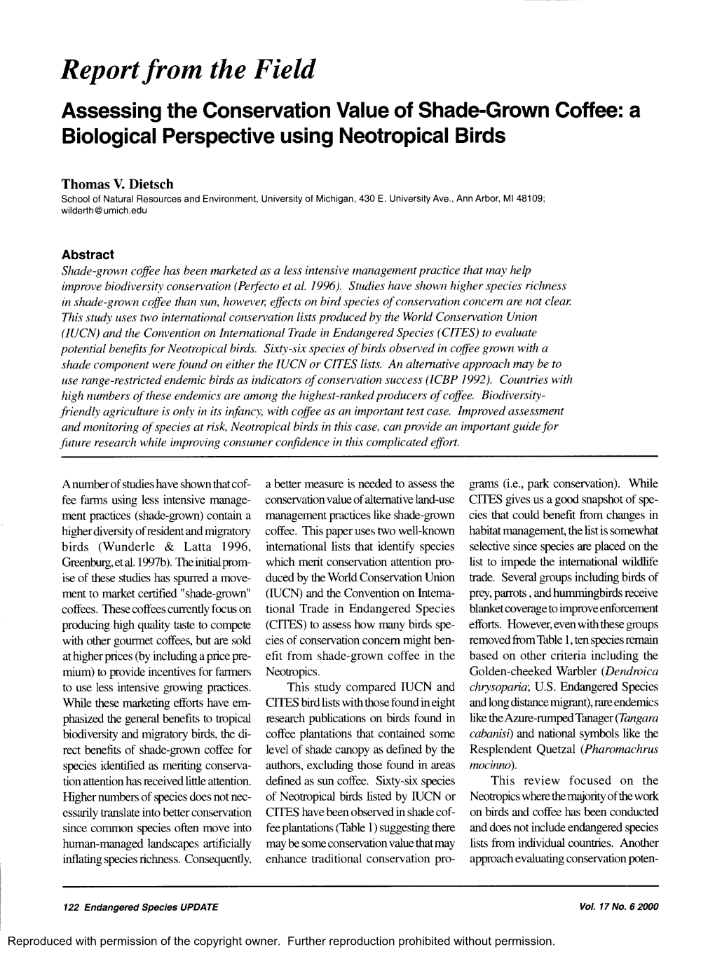 Report from the Field Assessing the Conservation Value of Shade-Grown Coffee: a Biological Perspective Using Neotropical Birds