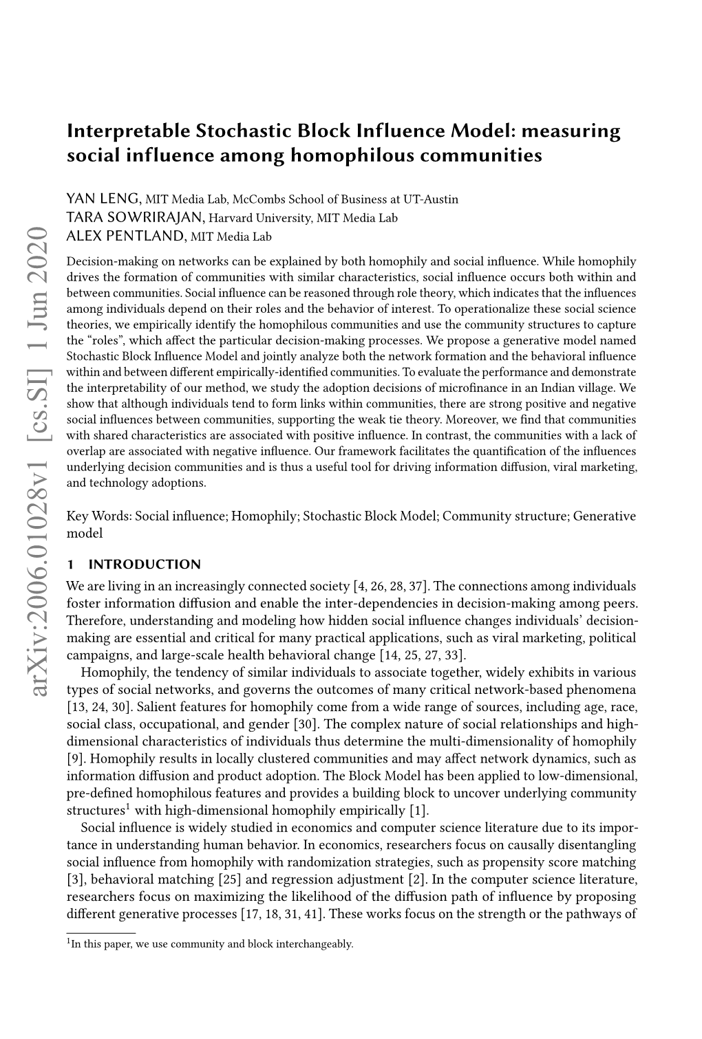 Interpretable Stochastic Block Influence Model: Measuring Social Influence Among Homophilous Communities