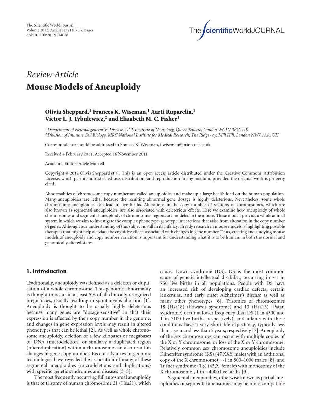 Review Article Mouse Models of Aneuploidy