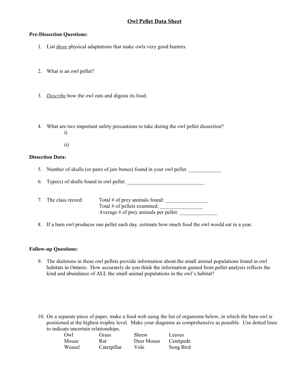 Owl Pellet Data Sheet