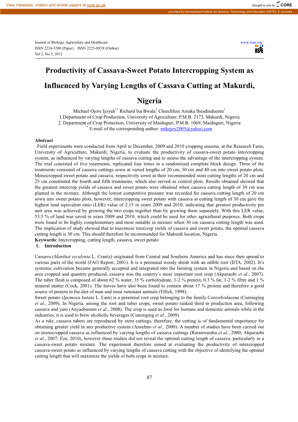 Productivity of Cassava-Sweet Potato Intercropping System As Influenced