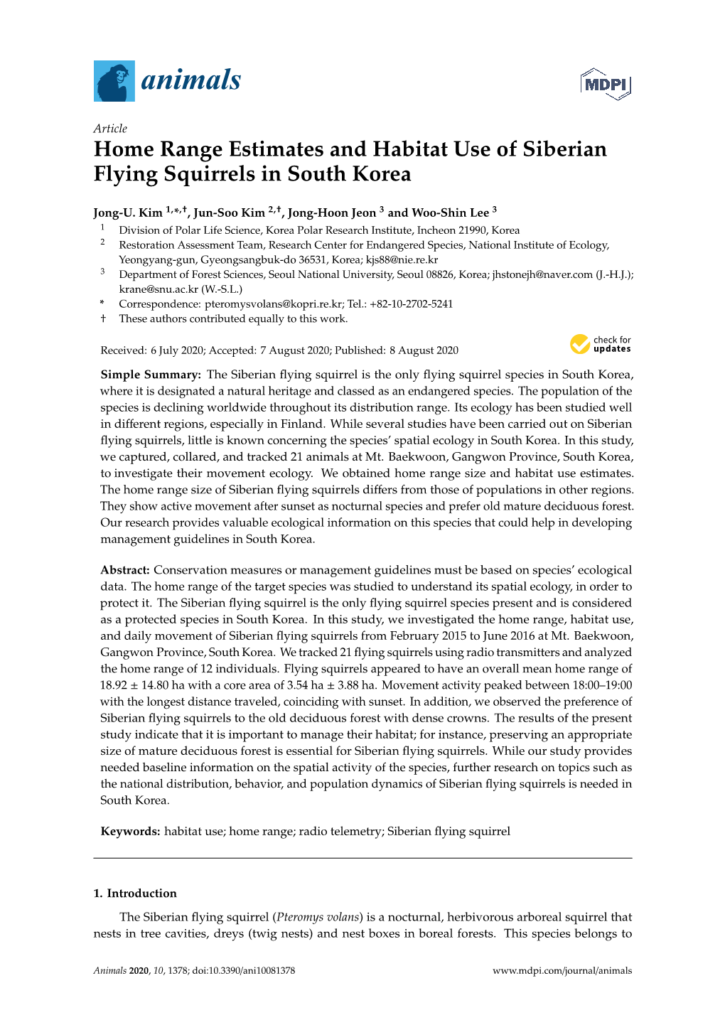 Home Range Estimates and Habitat Use of Siberian Flying Squirrels in South Korea