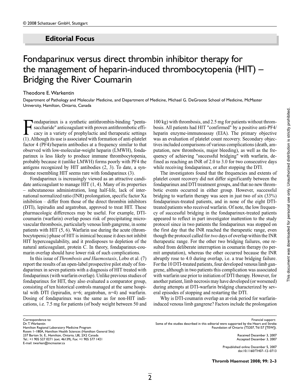 Fondaparinux Versus Direct Thrombin Inhibitor Therapy for The