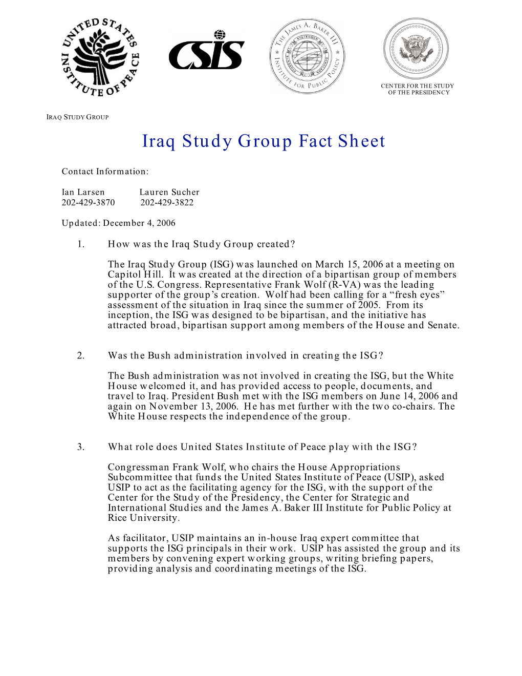 Iraq Study Group Fact Sheet