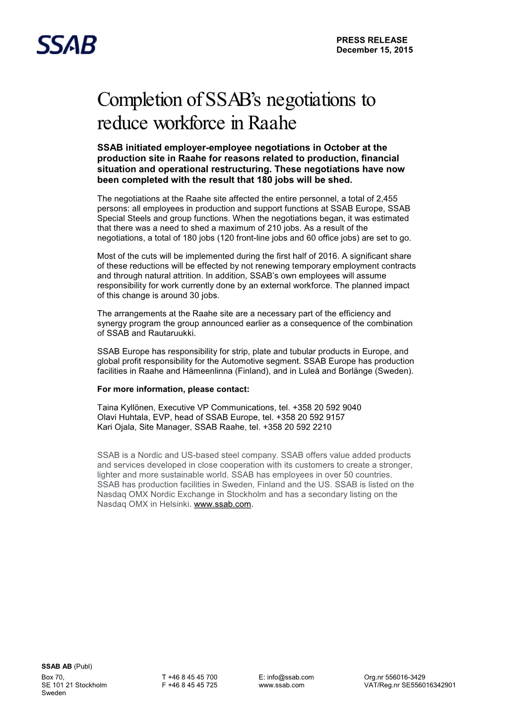 Completion of SSAB's Negotiations to Reduce Workforce in Raahe