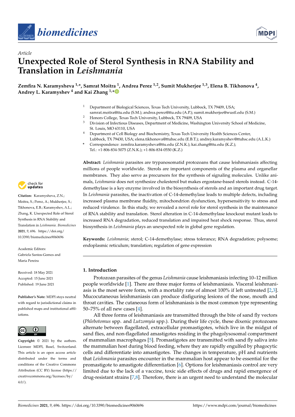 Unexpected Role of Sterol Synthesis in RNA Stability and Translation in Leishmania