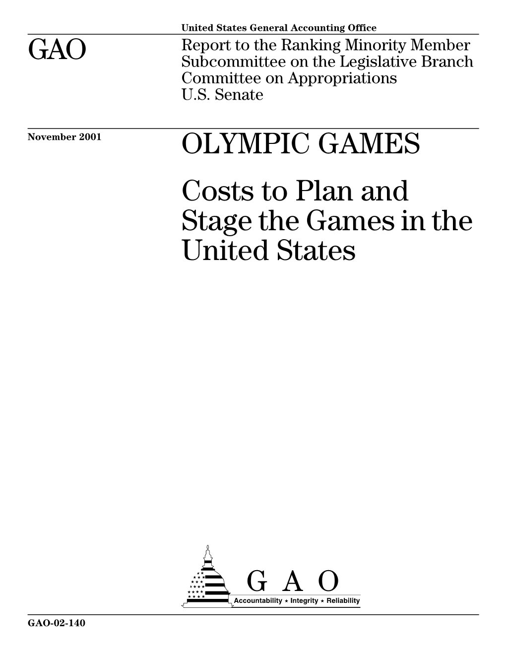 GAO-02-140 Olympic Games Contents