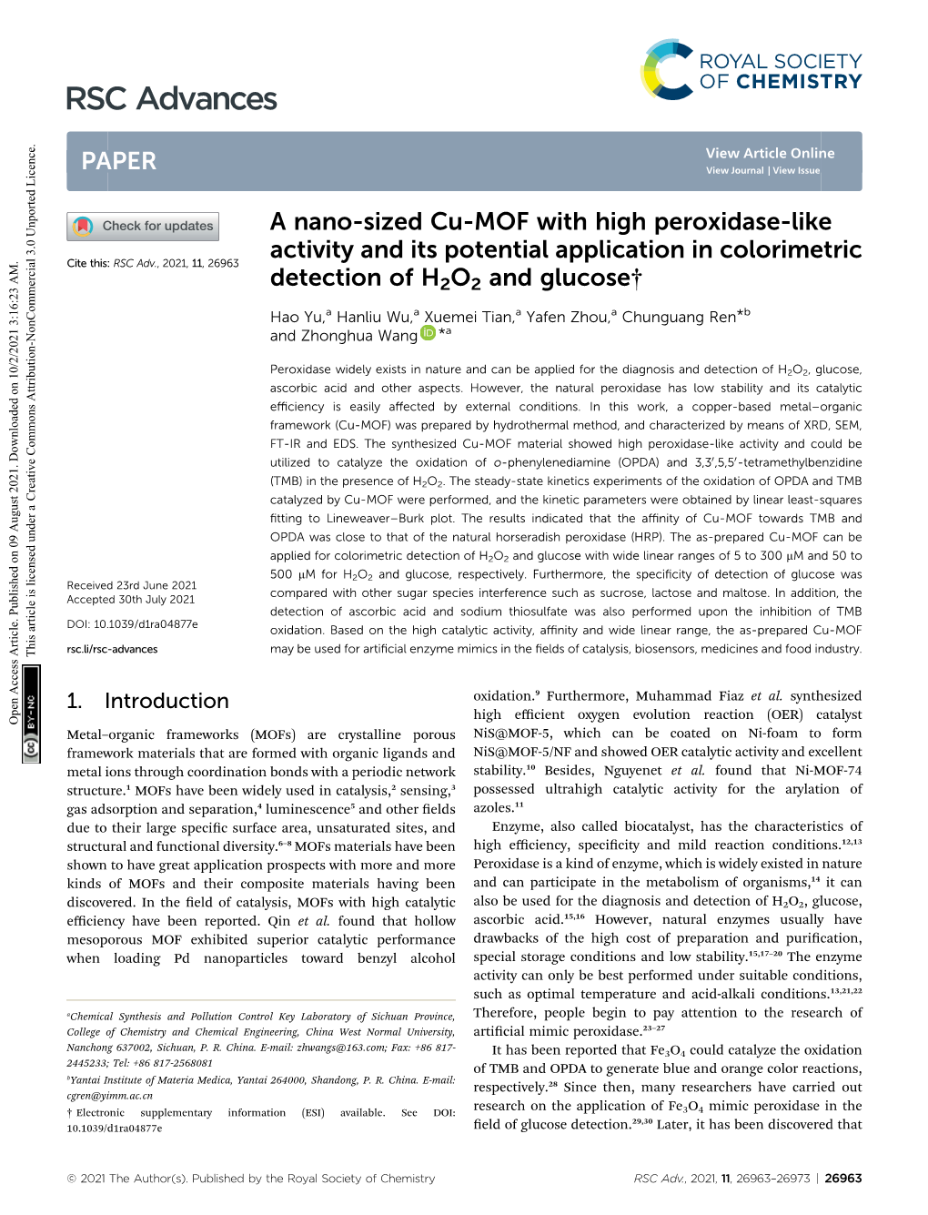 A Nano-Sized Cu-MOF with High Peroxidase-Like Activity and Its Potential Application in Colorimetric Detection of H2O2 and Gluco