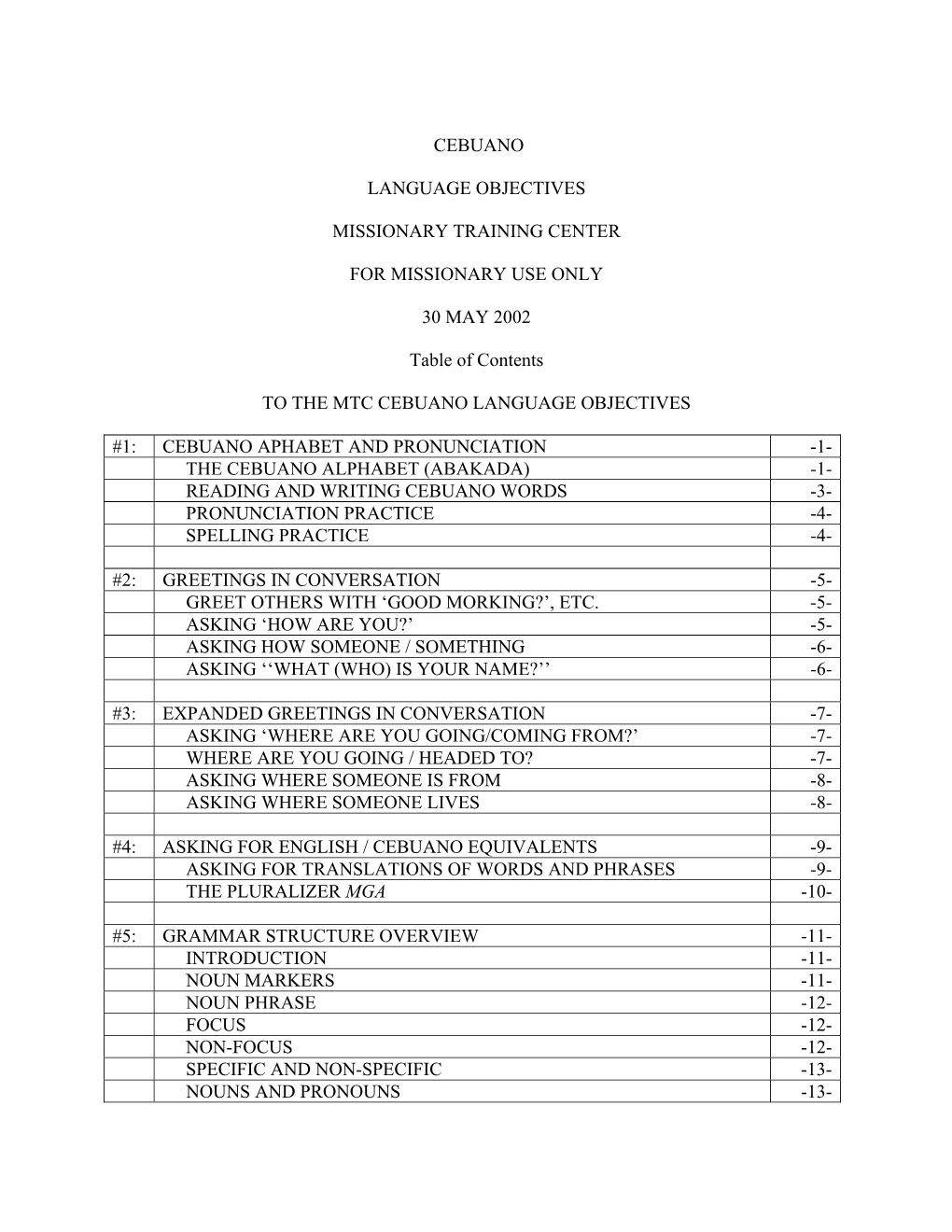 Cebuano Language Objectives Missionary Training Center