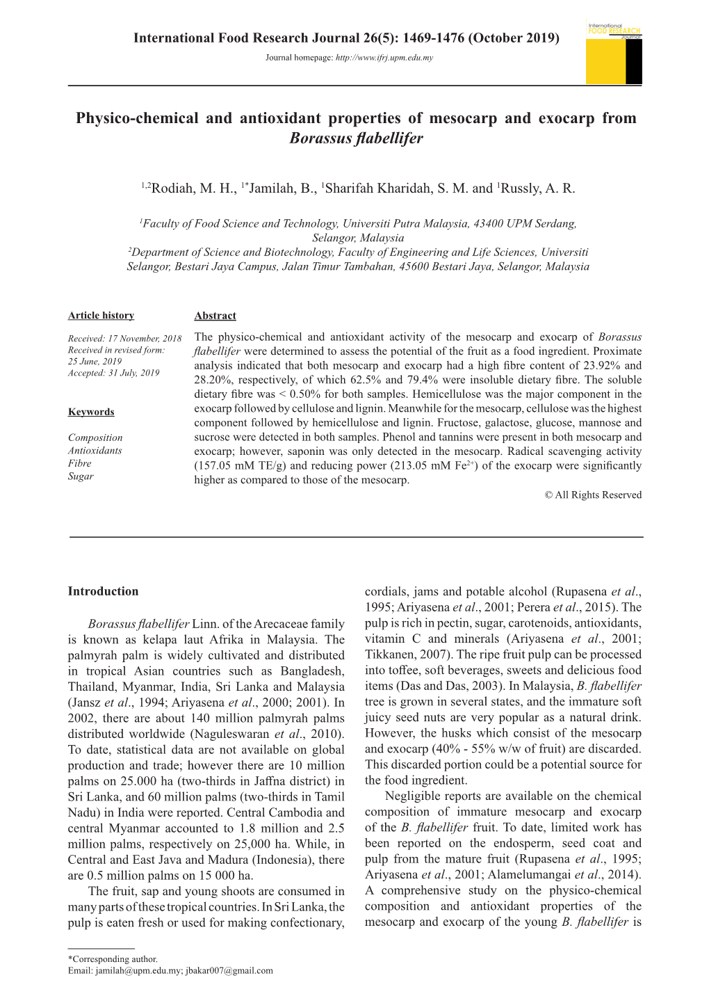 Physico-Chemical and Antioxidant Properties of Mesocarp and Exocarp from Borassus Flabellifer