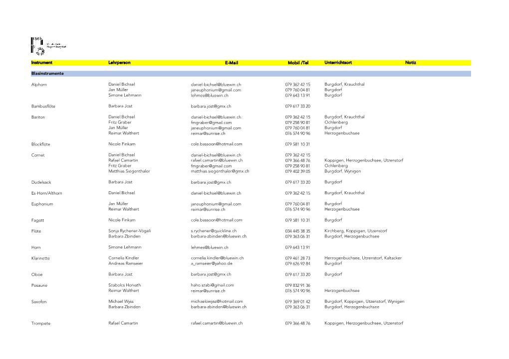 Instrument Lehrperson E-Mail Mobil /Tel Unterrichtsort Notiz