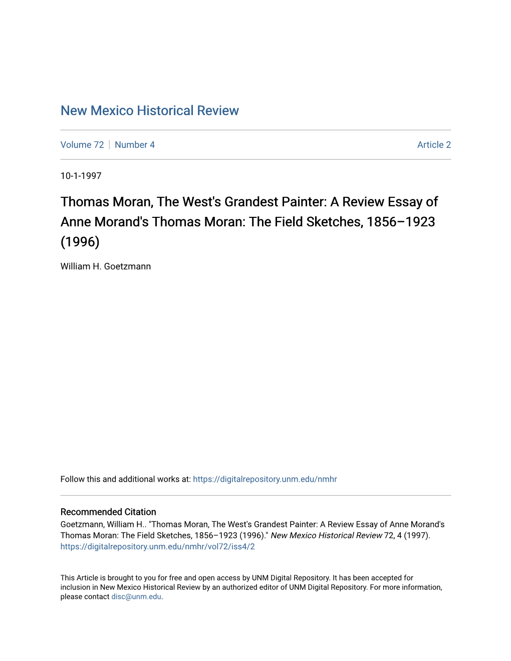 Thomas Moran, the West's Grandest Painter: a Review Essay of Anne Morand's Thomas Moran: the Field Sketches, 1856–1923 (1996)