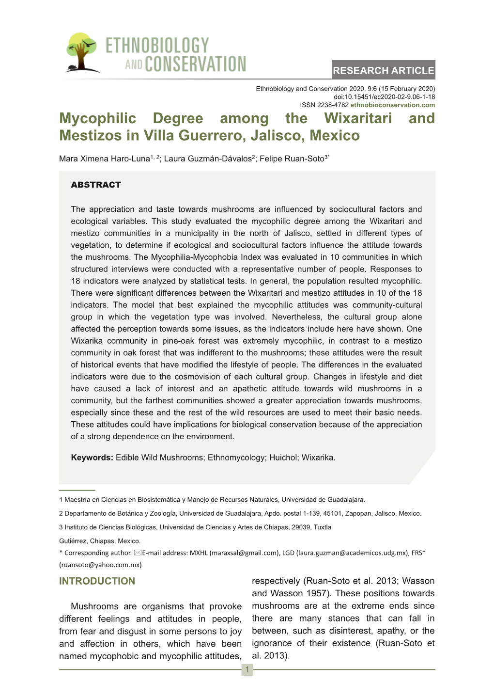 Mycophilic Degree Among the Wixaritari and Mestizos in Villa Guerrero, Jalisco, Mexico