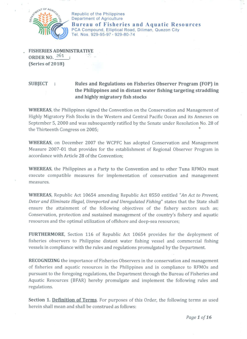 Bureau of Fisheries and Aquatic Resources W,~'NI\~,O; ))L PCA Compound, Elliptical Road, Diliman, Quezon City 'T{/ Tel