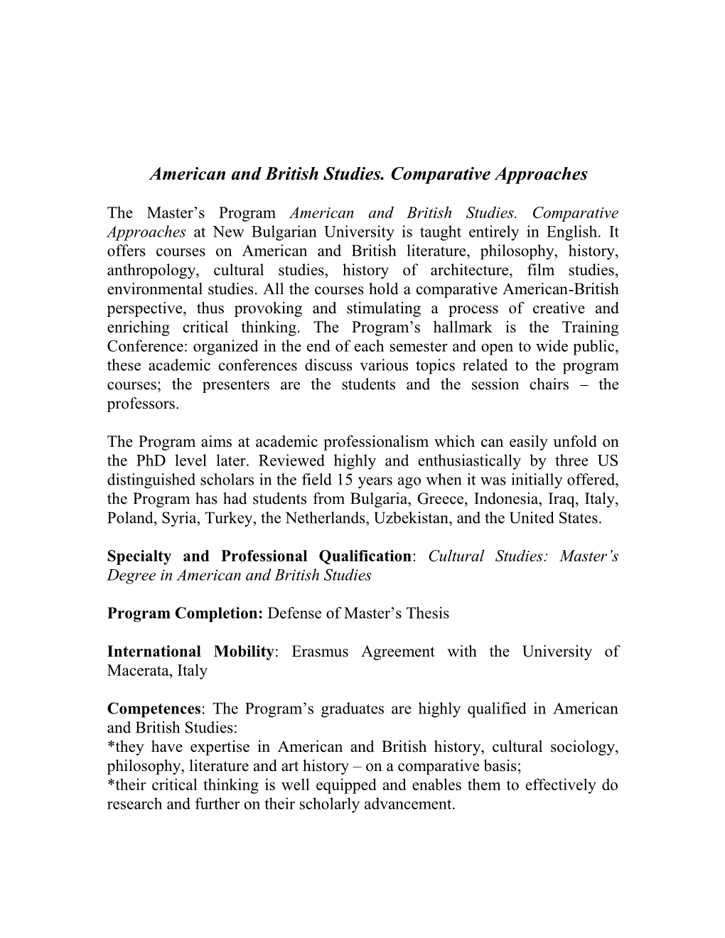 The Master's Program American and British Studies