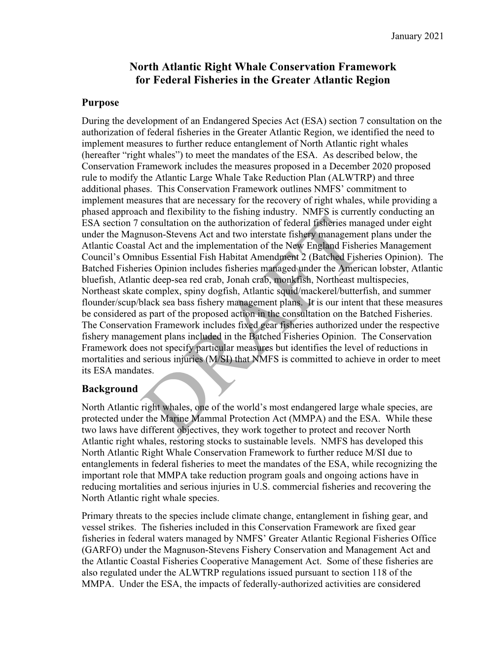 North Atlantic Right Whale Conservation Framework for Federal Fisheries in the Greater Atlantic Region