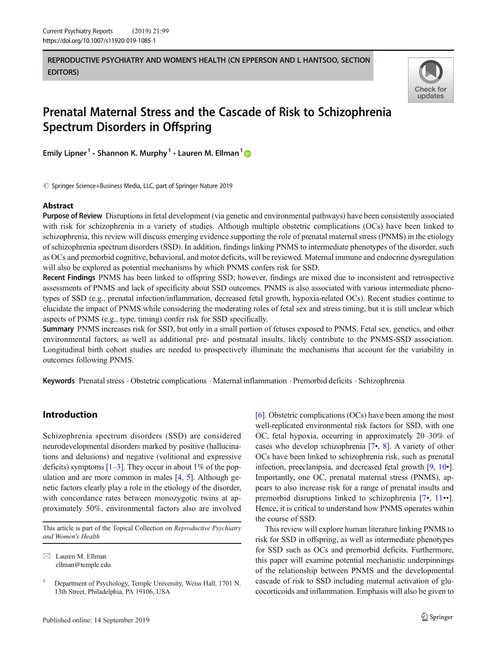 Prenatal Maternal Stress and the Cascade of Risk to Schizophrenia Spectrum Disorders in Offspring