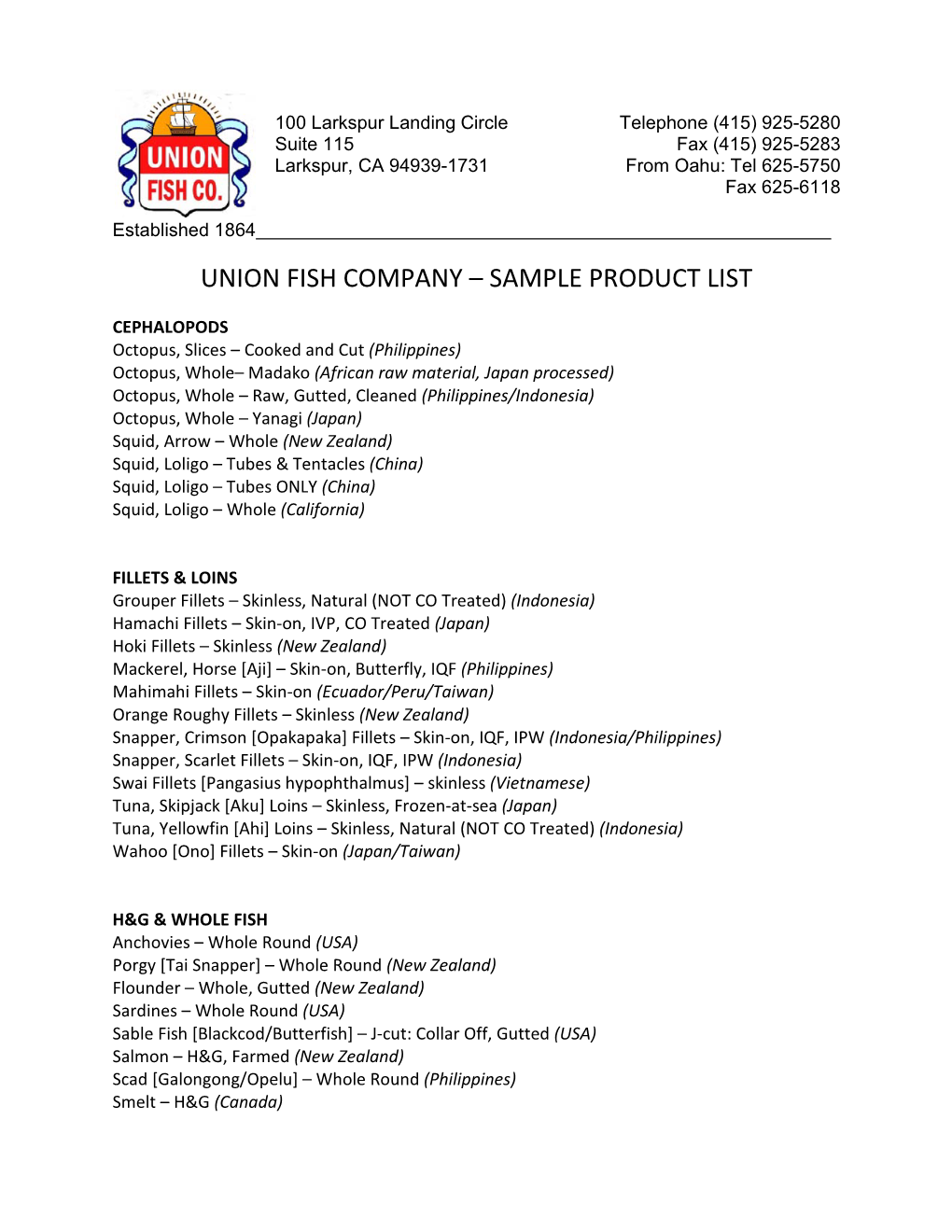 Union Fish Company – Sample Product List
