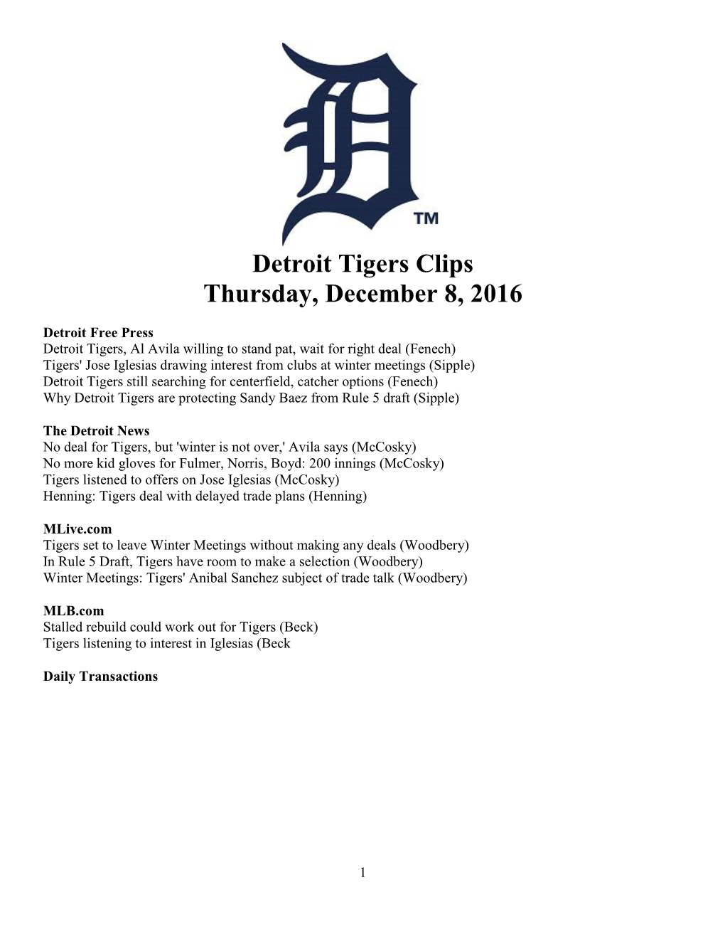 Detroit Tigers Clips Thursday, December 8, 2016