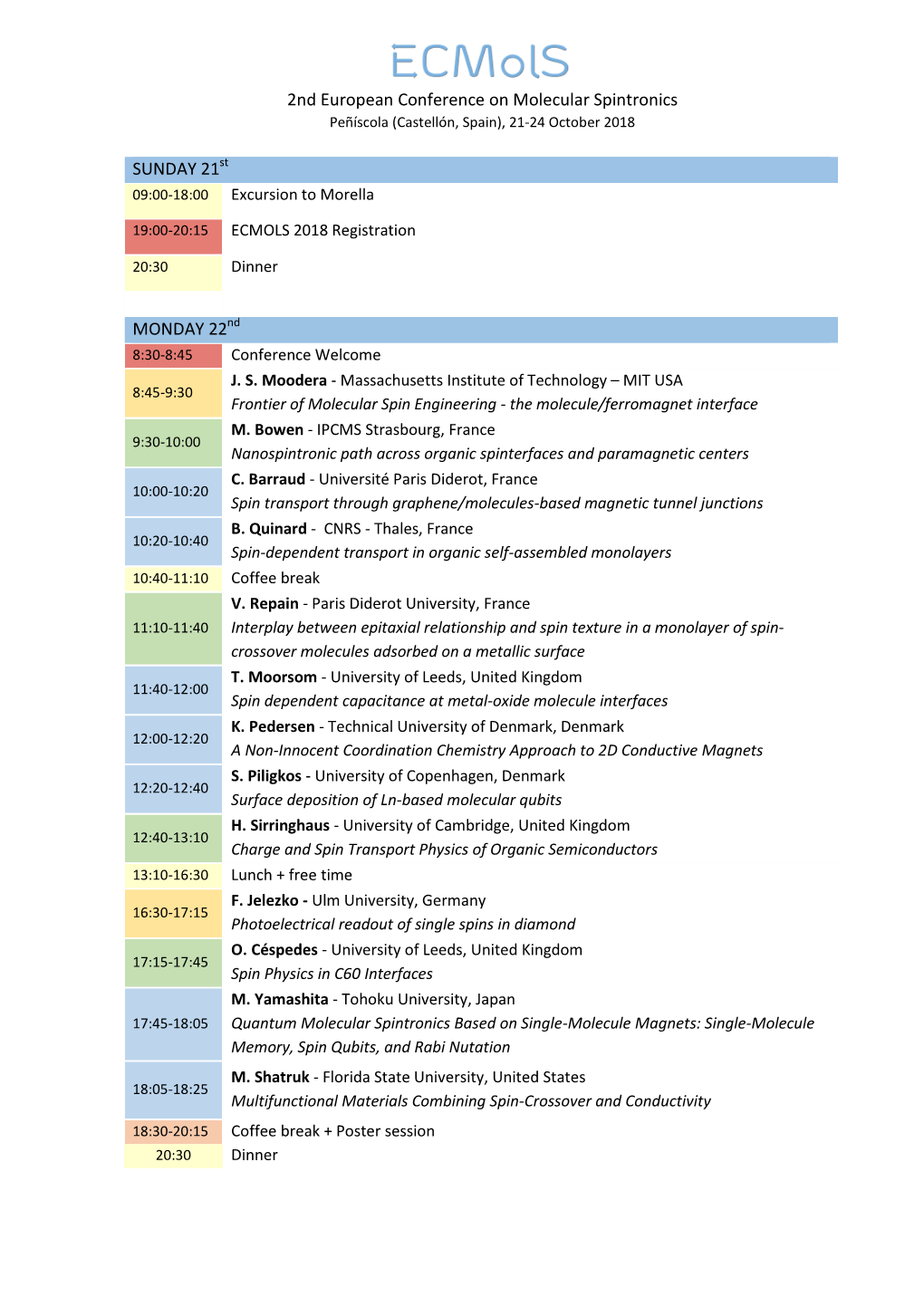 2Nd European Conference on Molecular Spintronics Peñíscola (Castellón, Spain), 21-24 October 2018