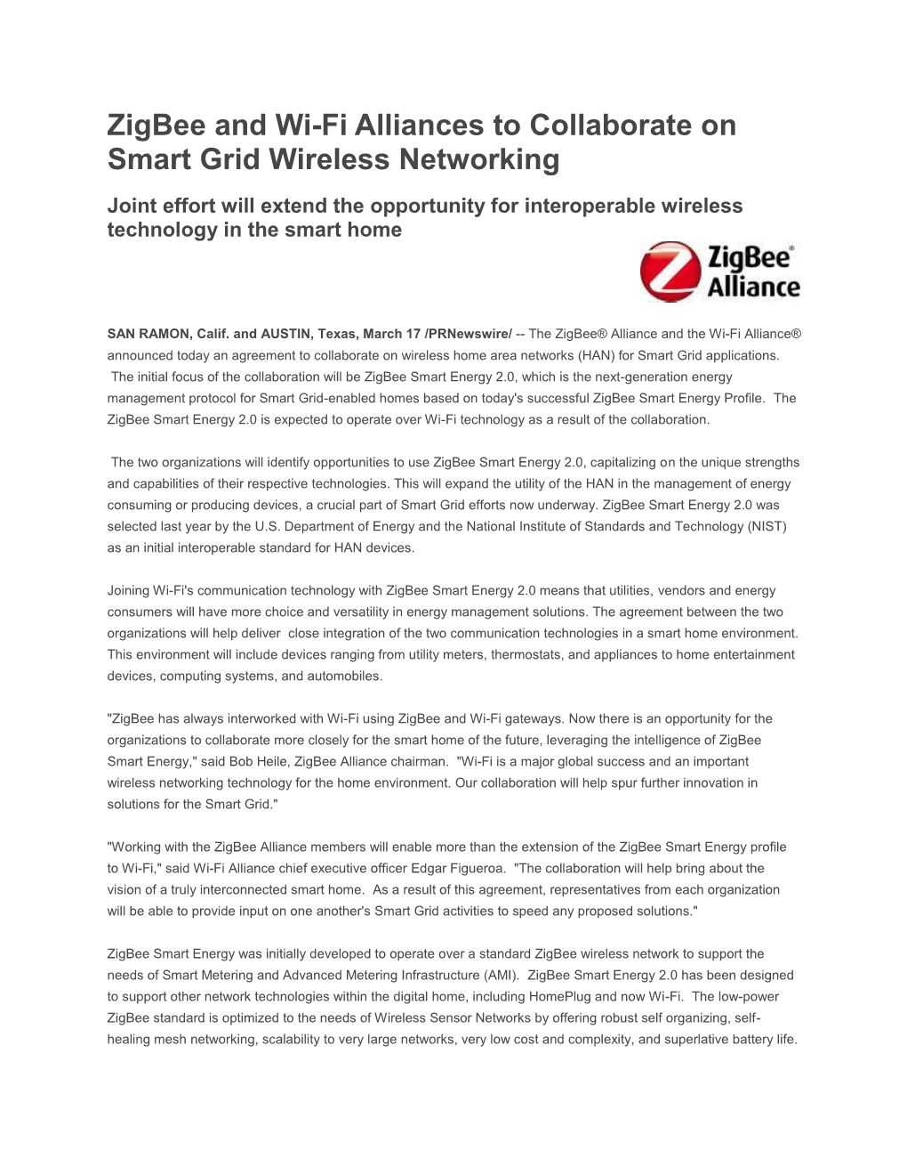 Zigbee and Wi-Fi Alliances to Collaborate on Smart Grid Wireless Networking