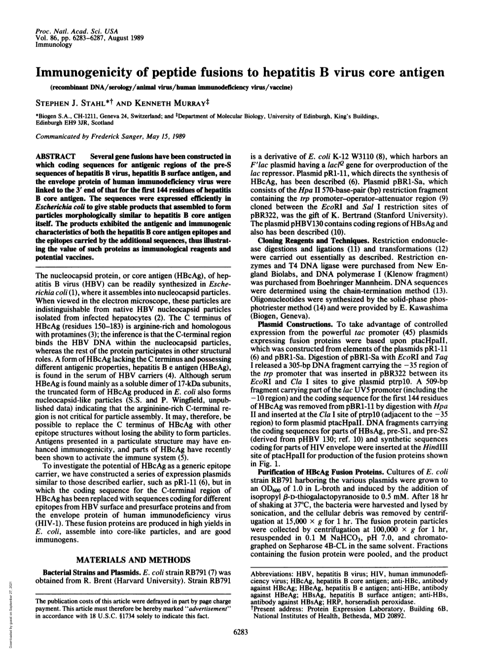 Immunogenicity of Peptide Fusions to Hepatitis B Virus Core Antigen (Recombinant DNA/Serology/Animal Virus/Human Immunodeficiency Virus/Vaccdne) STEPHEN J