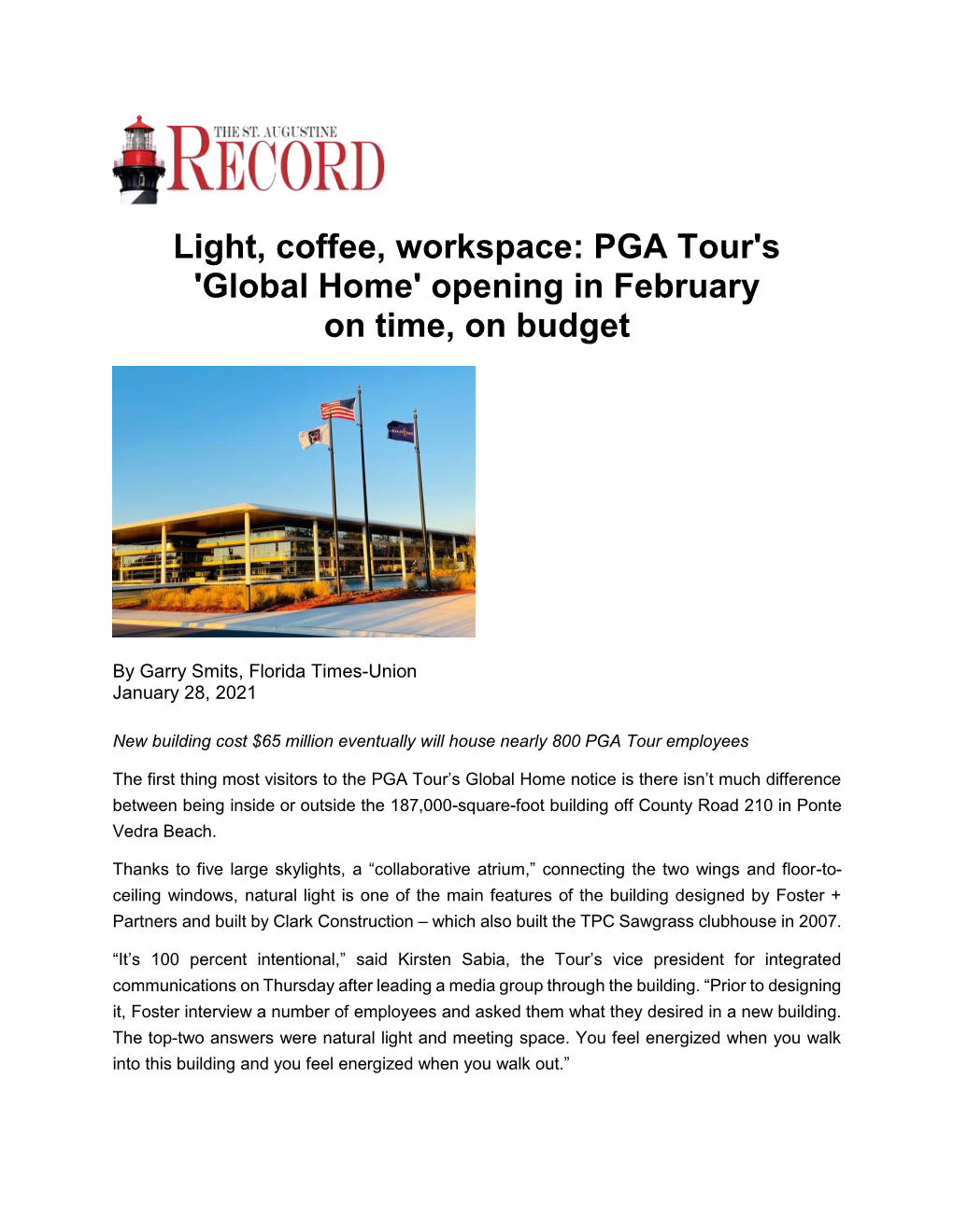 PGA Tour's 'Global Home' Opening in February on Time, on Budget