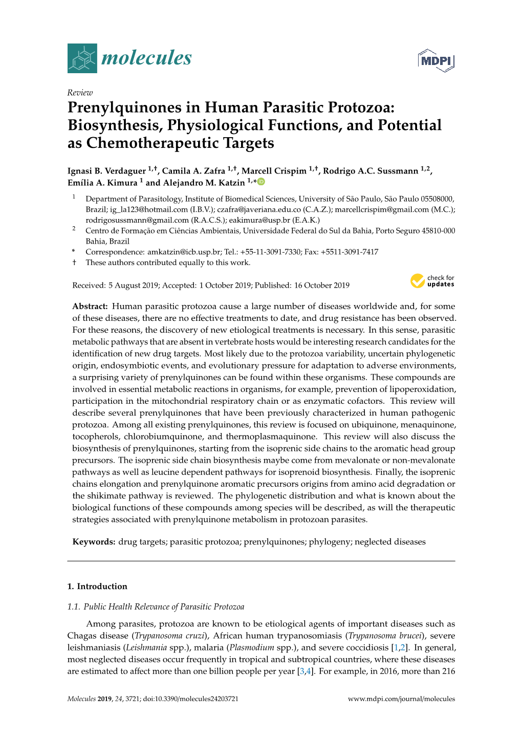 Prenylquinones in Human Parasitic Protozoa: Biosynthesis, Physiological Functions, and Potential As Chemotherapeutic Targets